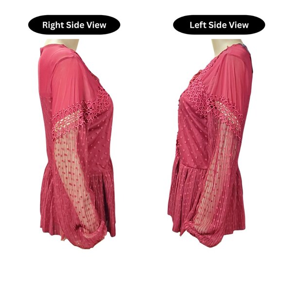 B.K.E. Boutique Burgundy Lace-Up Peplum Blouse | Sheer Dot Sleeves | Women’s M - Picture 4 of 7